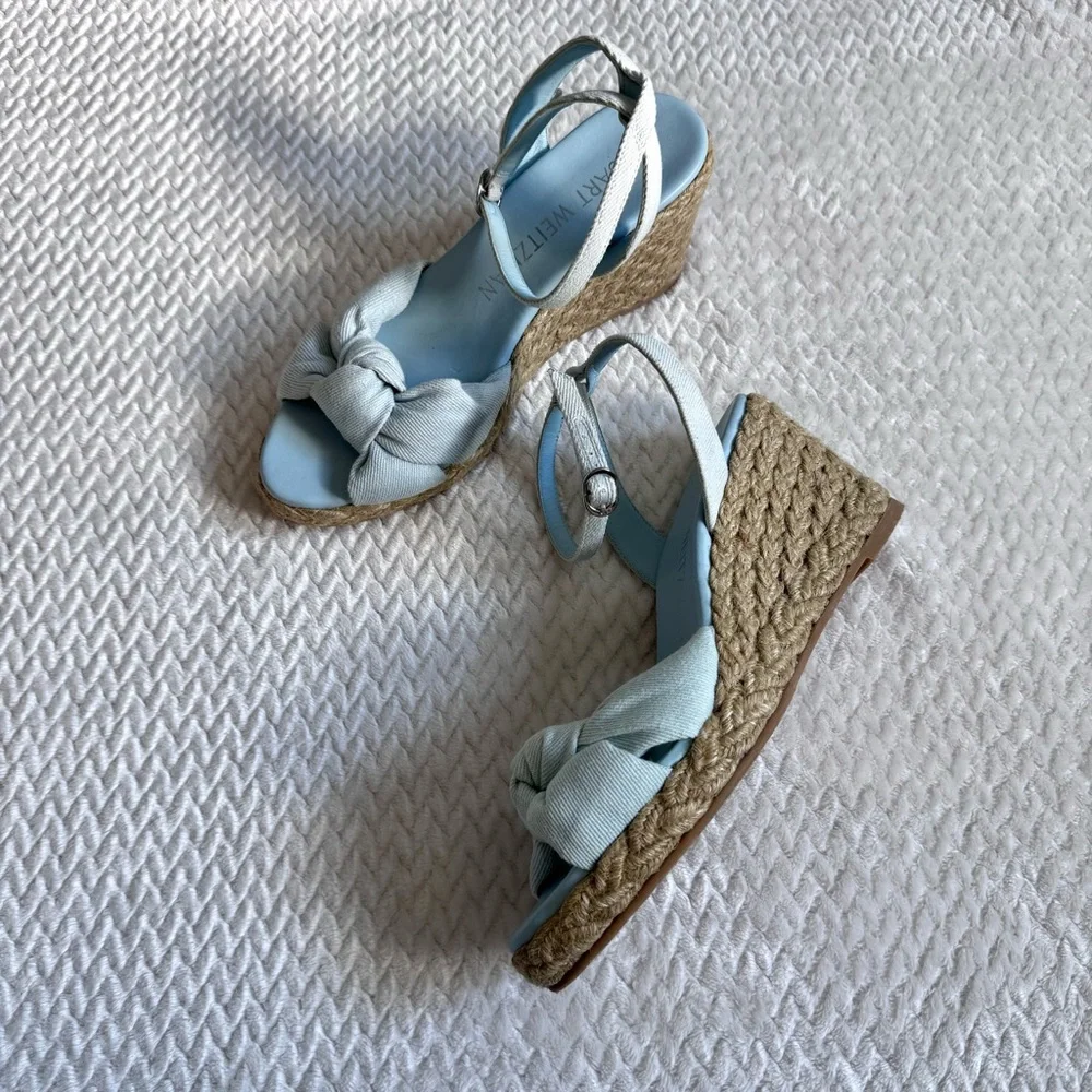 Stuart Weitzman Playa Espadrille Knot Wedge Sandals 9 B Blue Denim Ankle Strap